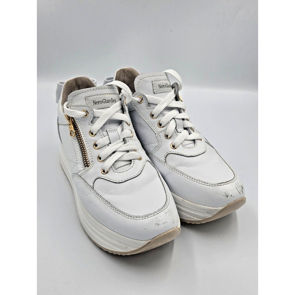 NeroGiardini Women’s Size 6 White Vegan Leather Sneakers Gold Zipper Bow Italy